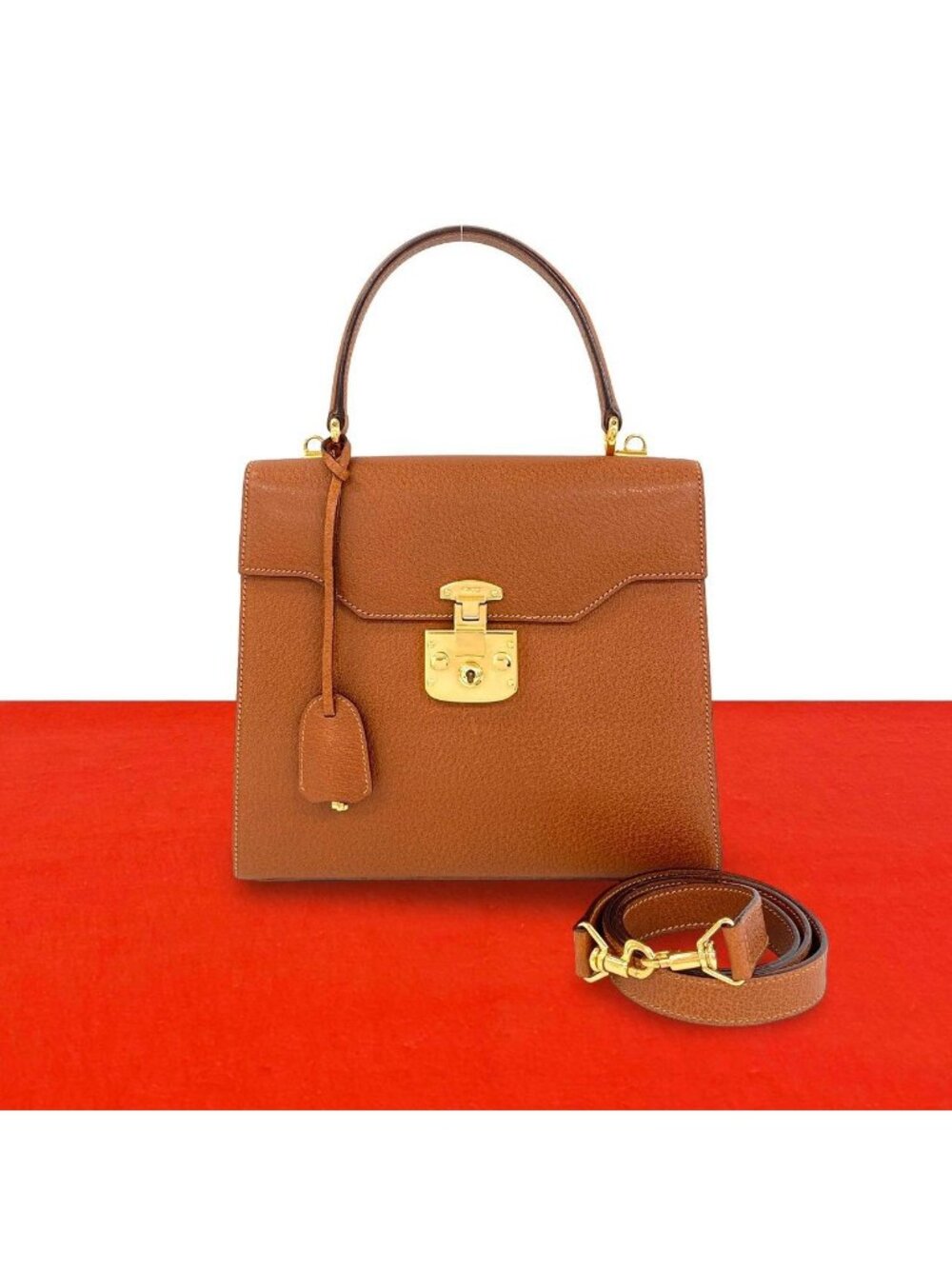 Gucci With Key Vintage Lock Logo Leather 2-Way Shoulder Bag Brown